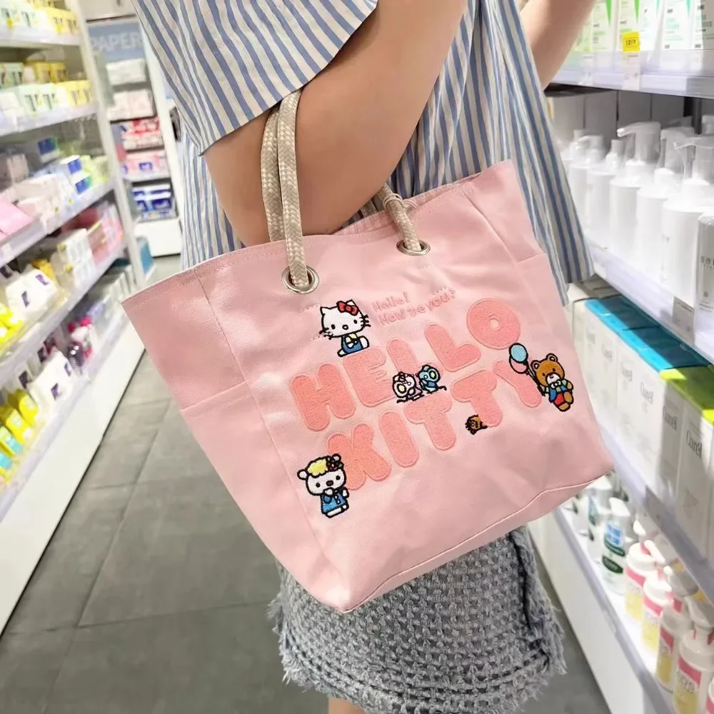 Kawaii Hello Kitty Handbag Cute Canvas Embroidered Shoulder Bag Cartoon New Pink Large Capacity Commuter Student Tote Bag