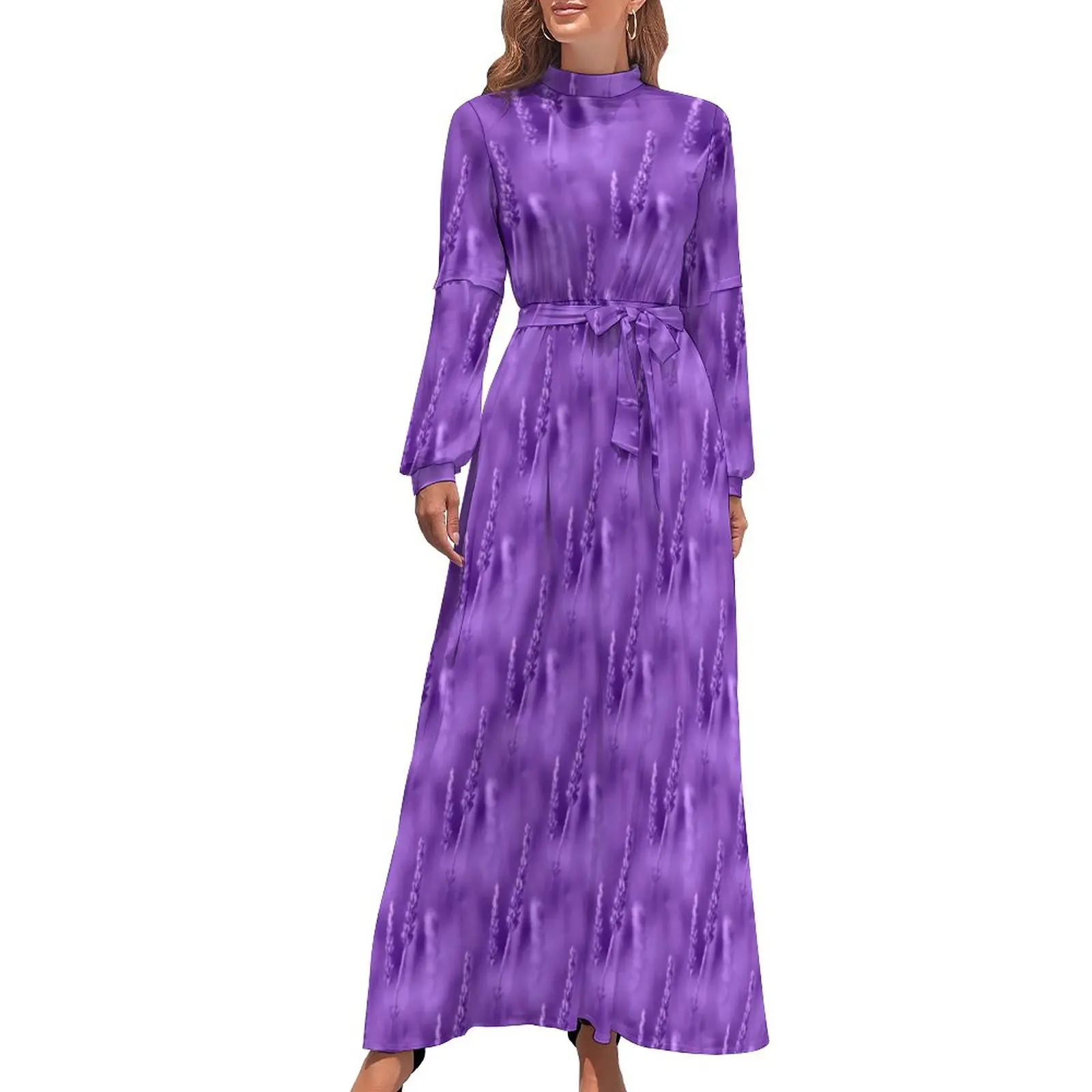 Lila Lavendel Kleid Blume Drucken Nette Maxi Kleid Street Style Böhmen Lange Kleider High Neck Grafik Vestido