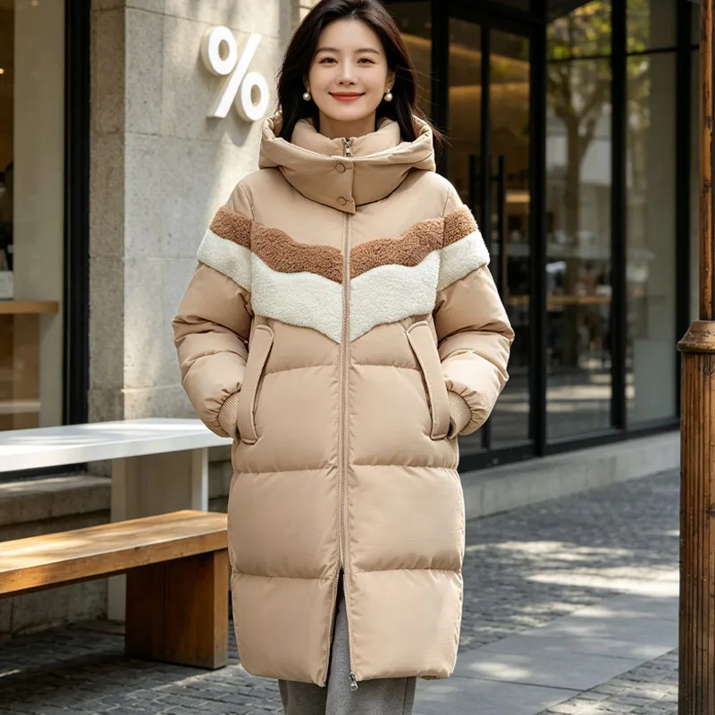 2026 Winter New Women's Down Jacket Splicing Commuter Windproof High Collar Fashion Down Jacket