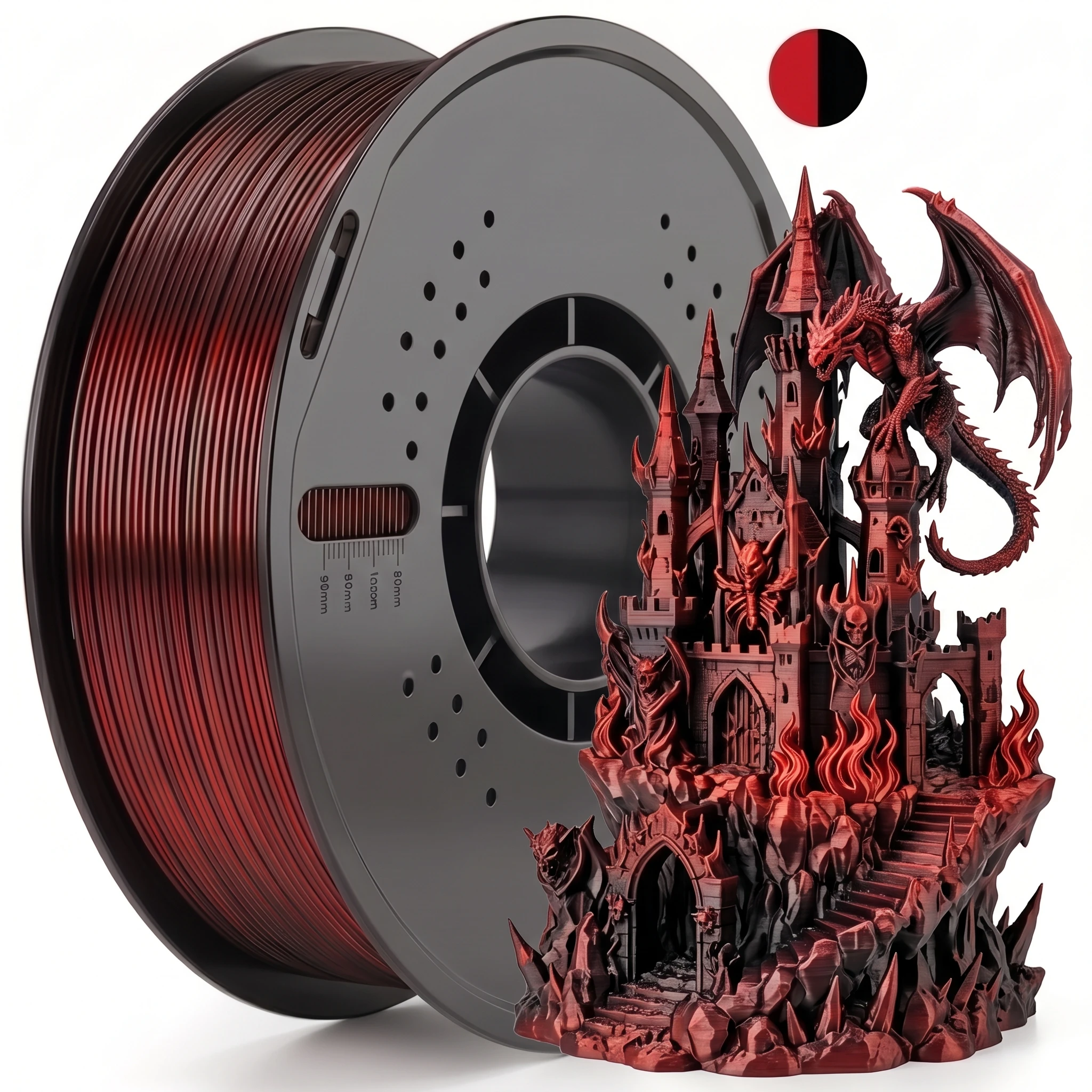 1kg 3D Printer Filament 1.75mm PLA Silk Black/Red Two Tone Dimension Accuracy +/- 0.02mm for 3D Printing