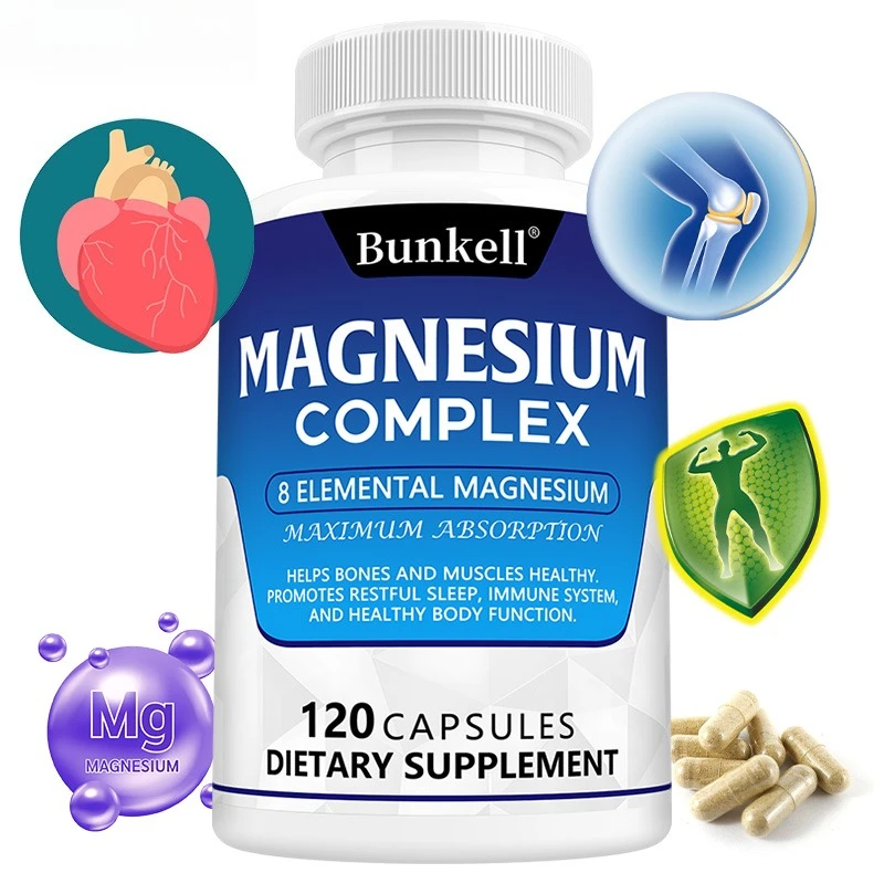 

Magnesium Complex Supplement 8 Elemental 1000mg, Chelated for Easy Absorption for Bones, Muscle, Recovery, Energy, 120 Capsules