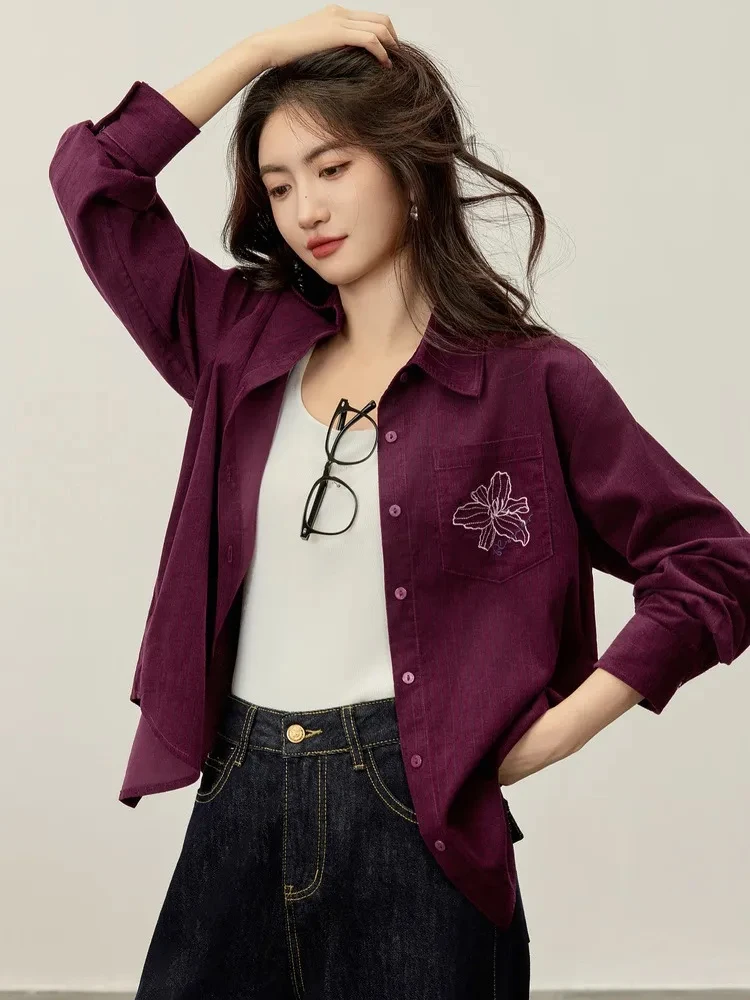 SENTUBILA القطن سروال قصير قميص للنساء 2025 الخريف عادية زهرة مطرزة كم طويل قمصان السيدات قمة حمراء 153C80507 #3