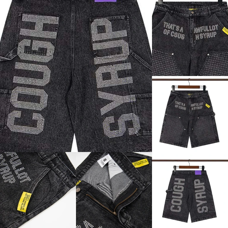 

Hot New THAT'S A AWFUL LOT OF COUGH SYRUP Men’s Oversized Black Denim Shorts with Letter Logo Print Fast Delivery
