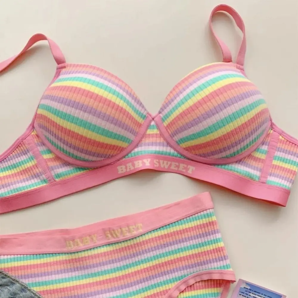 

Creative Rainbow Stripes Bra Comfortable V-Neck Women Colorful Underwear Full Coverage Breathable Women's Gathered Underwear