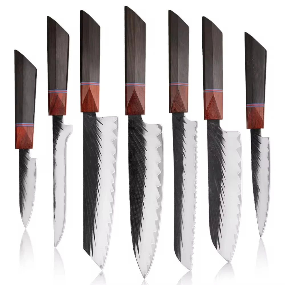 Quality 7PCS Handmade Knife Set, Sandalwood Handle with 3 Layers Clad Steel Blade, Ultra Sharpeness Chef Knives Chef Recommended