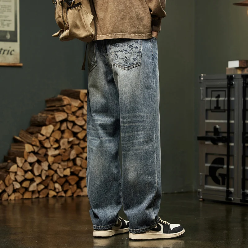 

Осень 202, свободные джинсы, мужские мешковатые брюки, широкие прямые мужские брюки, светло-голубые модные карманы, Deisnger, одежда, уличная одежда