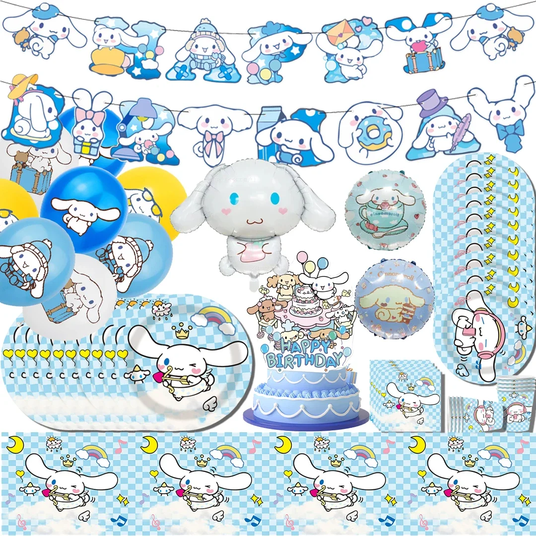 Cute Sanrio Series Birthday Party Dinnerware, Descartável Banner Bolo Topper, Bandeira Pendurada, Balões Cinnamoroll, Decoração de Aniversário