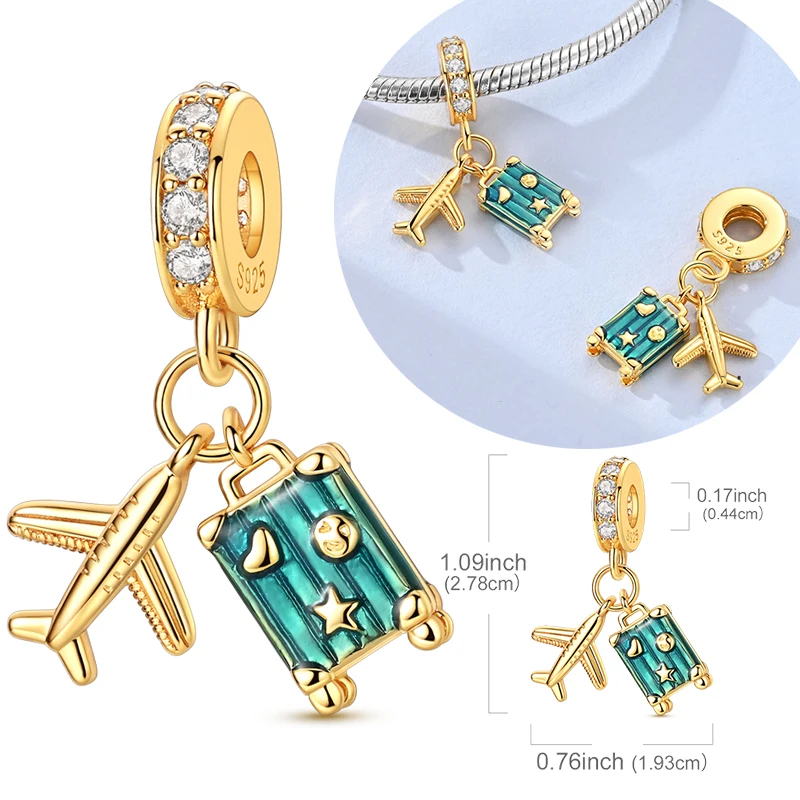 Original 925 Sterling Silber Charms Perle Gold Flugzeug Koffer Anhänger Fit Original Armband Für Frauen DIY Schmuck Geschenk