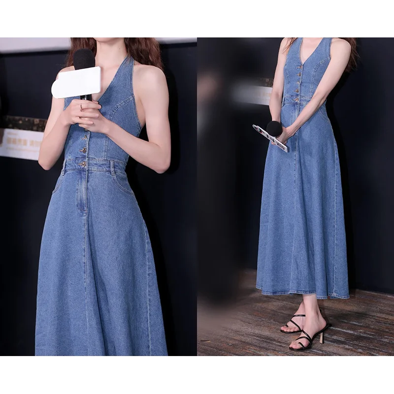 

Retro Sexy Backless Denim Dresses Halter Neck Women Slim A-line 2024 Summer Celebrity Style Fashion Age-reducing Blue Clothes