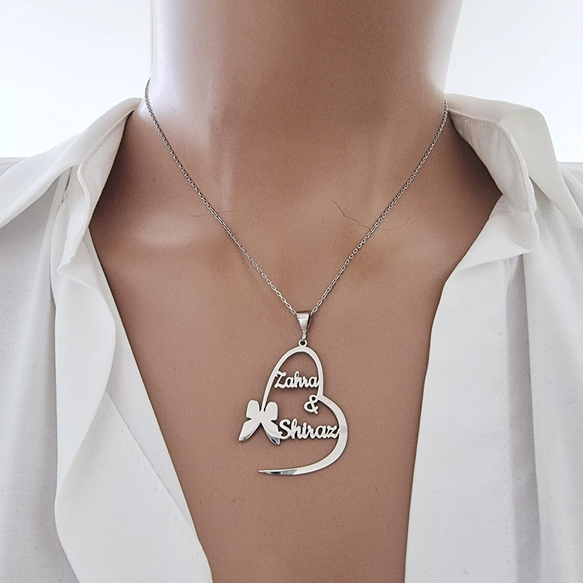 

Custom Butterfly Heart Pendant Name Necklace Personalized Women Handmade Stainless Steel Double ID Choker Jewelry Lover Gifts