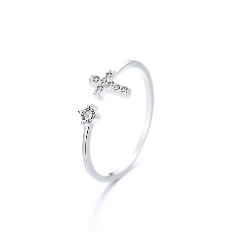 s925 sterling silver, cross inlaid with diamonds, adjustable open ring, fashionable and versatile, lucky ring