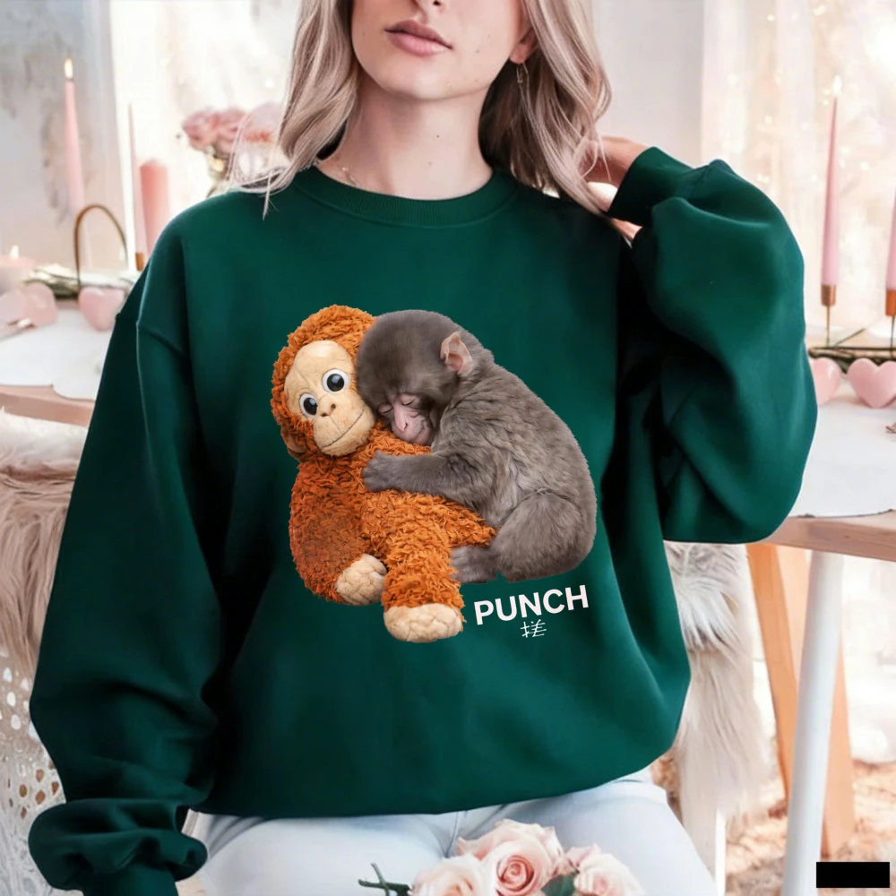 Cozy Realistic Sleepy Monkey Cuddling Plush PUNCH Chinese Character Pullover Trendy Casual Wear Warm Cute Intimate Sweatshirt