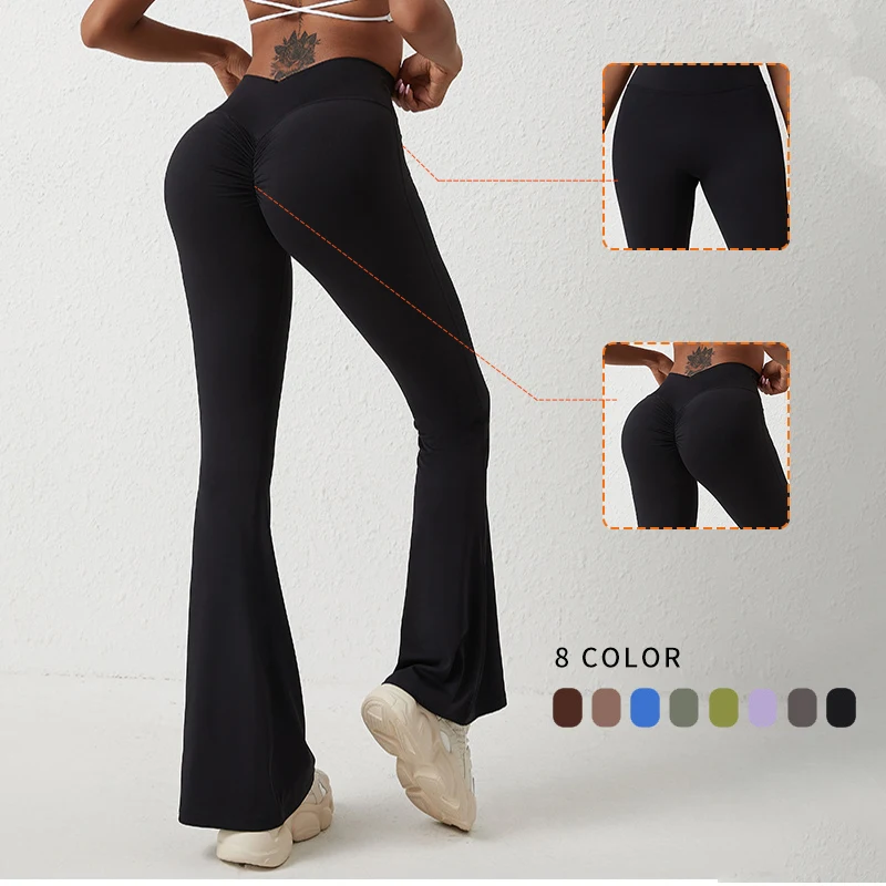 

Solid Color High Waist Yoga Legging Fitness Flared Back Waist Pleats Women Gym Sports Boot Cut Pant Comprehensive Training Jog