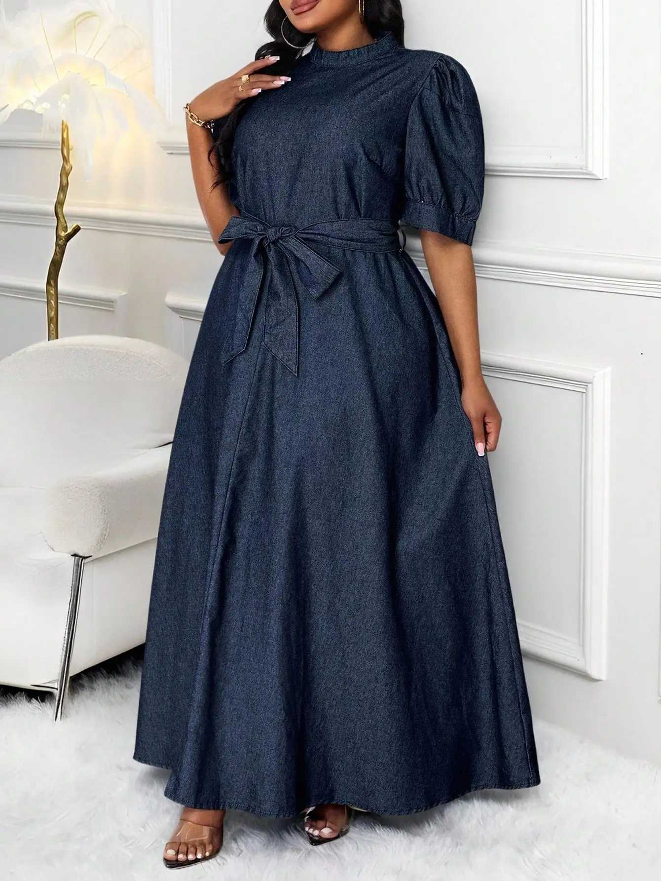 

Women's Denim Maxi Dress With Puff Sleeves And Waist Tie