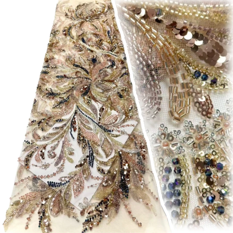 

Latest African Sequin Lace Fabric 2026 High-Quality French Nigerian Beaded Lace Fabric Bridal Wedding Party Dress Sewing 1813
