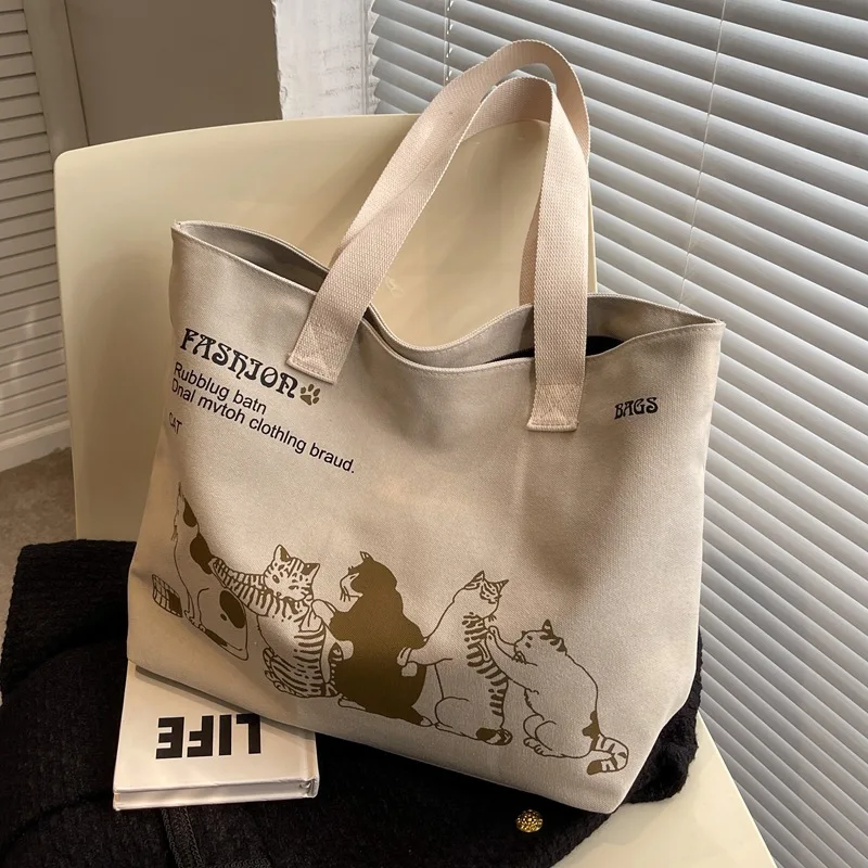 Canvas Totes Large Capacity Storage Handbag Women Tote Anime Cat Letters Shoulder Bags Girls Casual Commute Bag Portable Big Bag