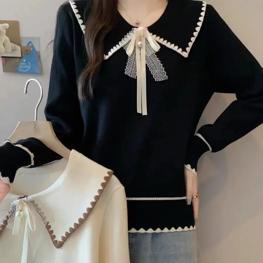 سترة محبوكة بياقة دمية حلوة للنساء مع شريط طويل بعقدة Sve بالإضافة إلى حجم التخسيس متعدد الاستخدامات للخريف والشتاء...