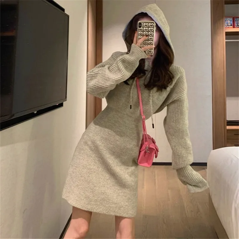 

Gray Knitted Sweater Dress Women, Autumn And Winter, Petite French Style, High-End Feel, Waist-Cinching, Slimming, Hooded Sw