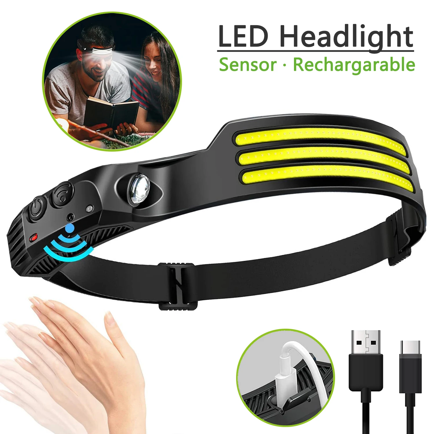 

Headlamp Rechargeable Sensor Head Lamp LED Head Lights Flashlight For Adults Camping Hiking Running Repairing Fishing Cycling