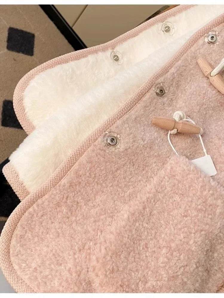 Autunno Inverno Cappotto di agnello Cappotto caldo in pile Monopetto Rosa Manica lunga Tasche dolci Top Abbigliamento donna Tendenza Nuovo