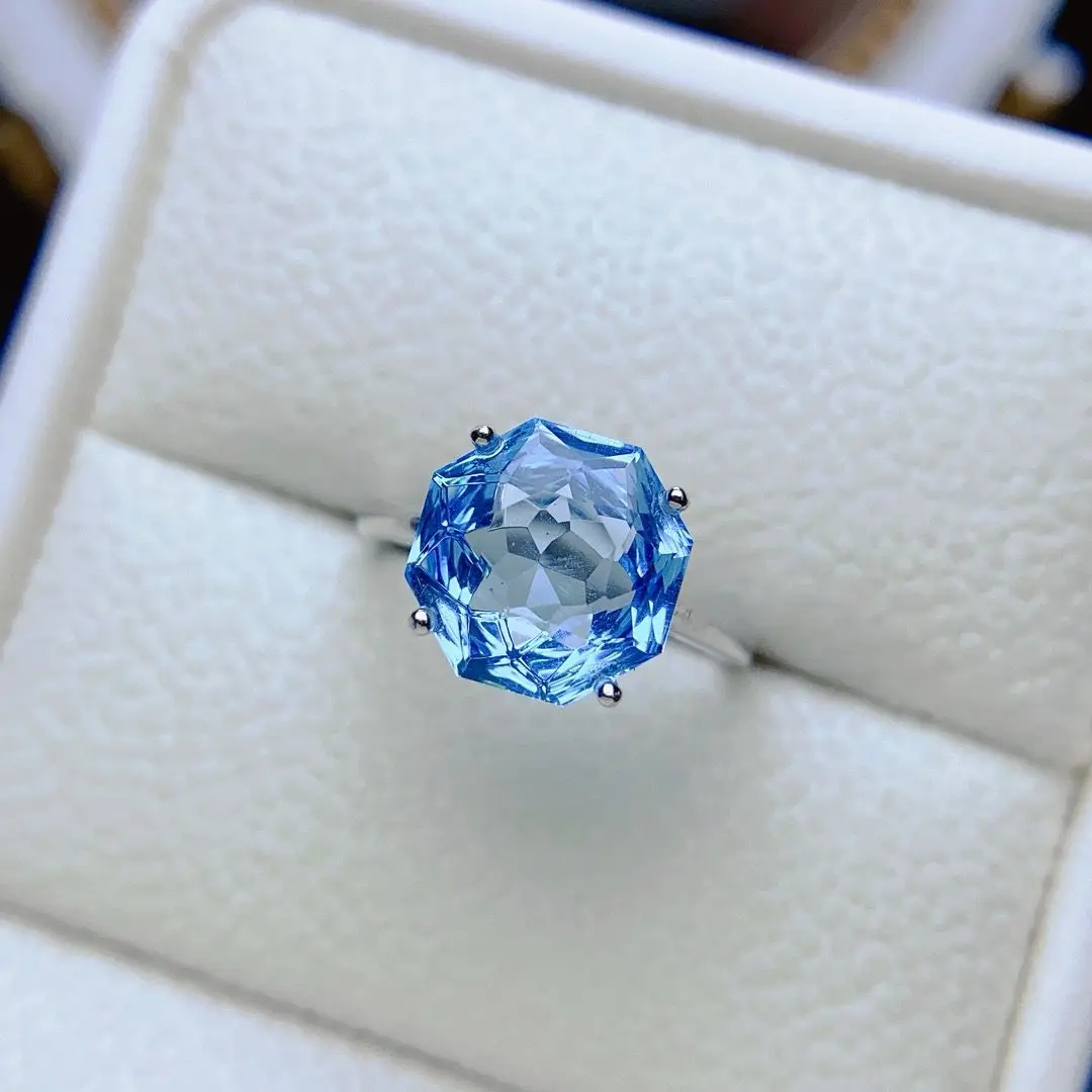 Best Seller ZECAA 925 Topaz Fine Jewelry Ring Lady Topaz Ring With Natural Sky Blue Topaz Gemstone 10*10mm Silver Topaz Ring