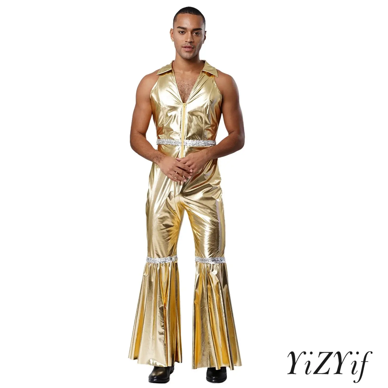 

Men Sparkling Disco Jumpsuit for Men with Sequined Lapel And Bell Bottom Pants 70s Retro Parties Romper for Halloween Jazz Dance