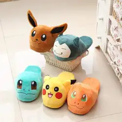 Anime Pokemon bawełniany ciepły pantofel Pikachu Gengar Snorlax jesienne zimowe buty wewnętrzne wypchane lalki damskie pluszowe kapcie domowe