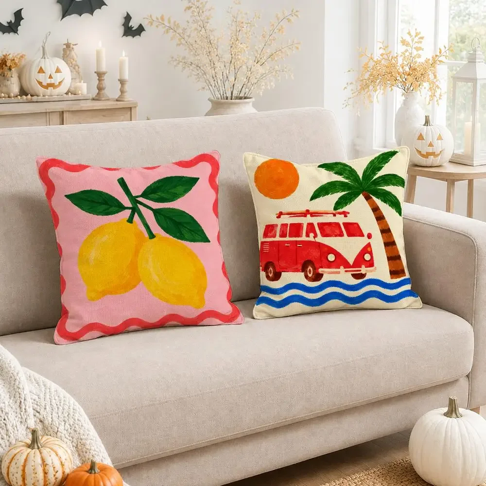 Boho Coastal Throw Pillow Covers Set Lemon Tropical Beach Retro Van Ocean Coral Accent Cushion Decor