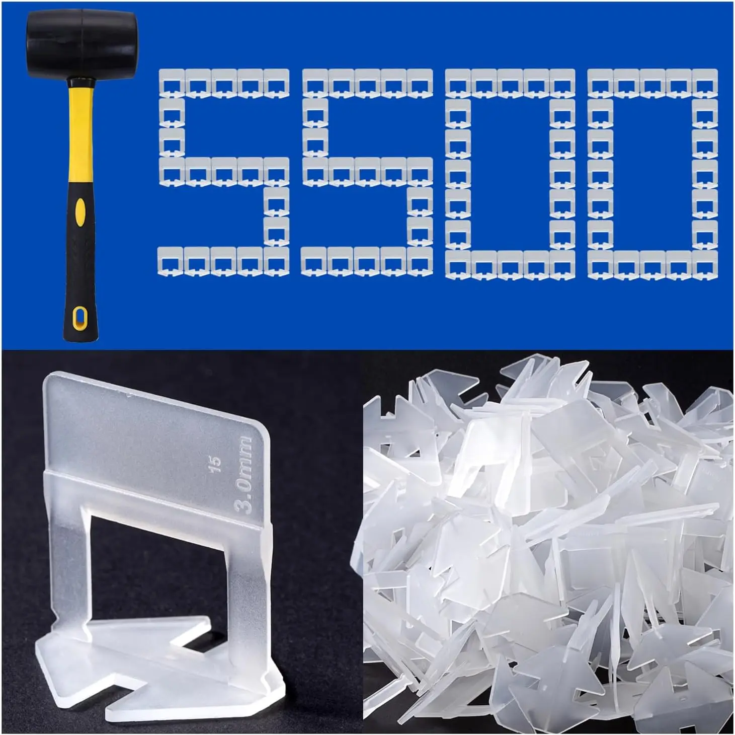 

Профессиональный набор для выравнивания плитки: 5500 клипс, 1/8-дюймовые прокладки и резиновый молоток для укладки керамики и камня