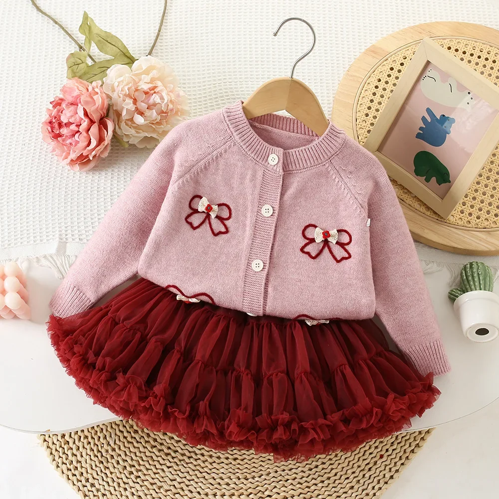 2-6Y Kids  Clothing Set Knit Bow Cardigans Wine Red  Ball Gown Skirt  2 Pcs Girls Knit Suit