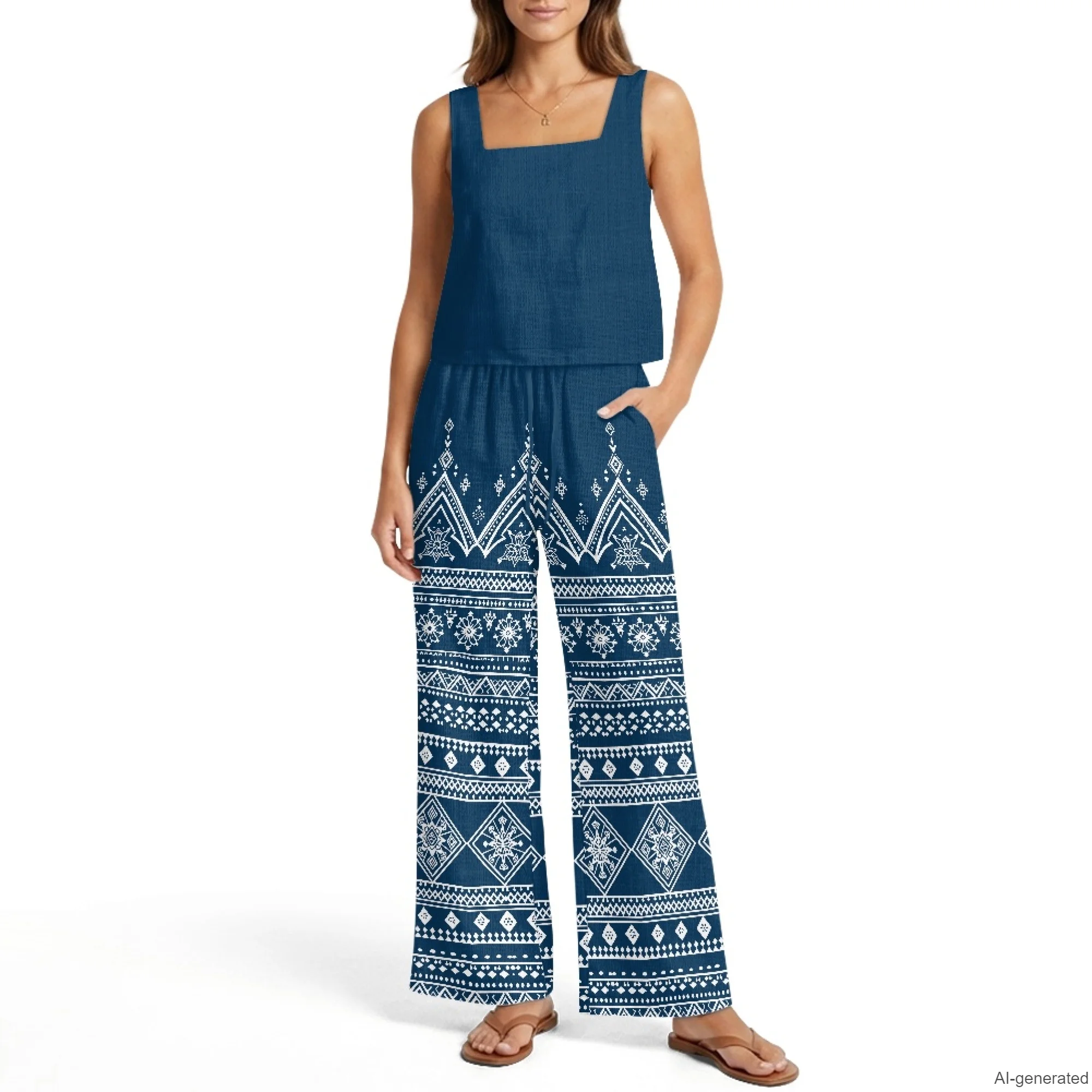 INSTANTARTS Women's Vest Wide-Leg Pants Linen Suit 2Pc Summer Casual Outfits Stripes Print Sleeveless Vest Wide Leg Pants S-2XL