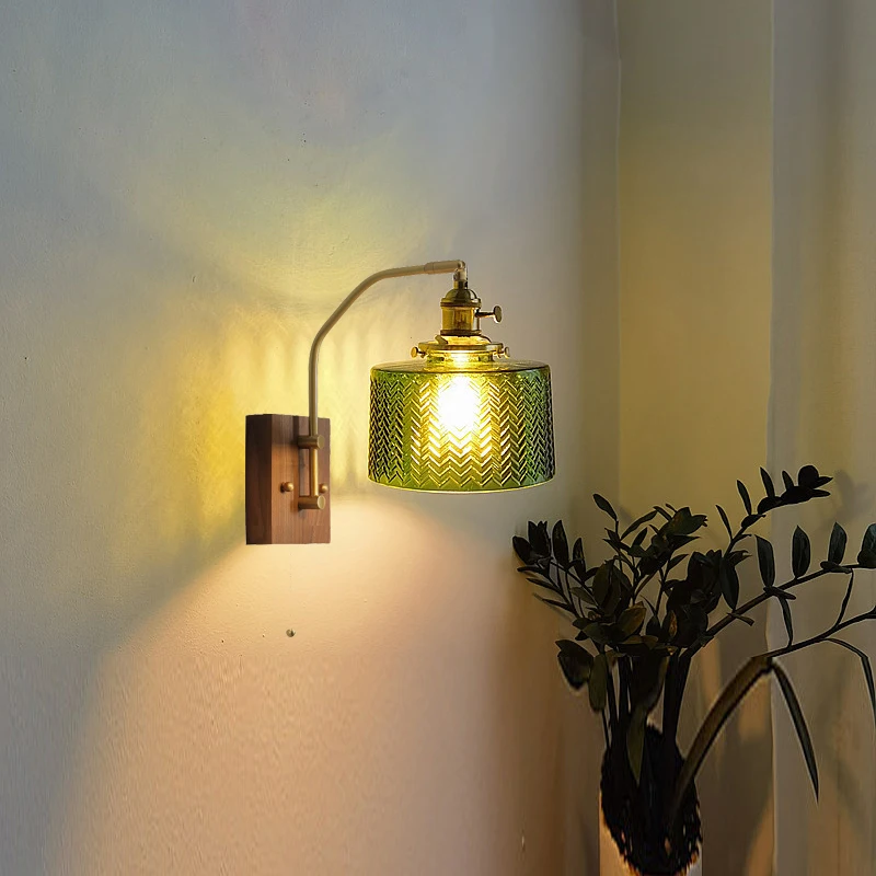 

Modern Glass LED Wall Lamp Copper Bathroom Mirror Light Pull Chain Switch Bedroom Home Lighting Wall Light Wood Sconce Luminaria