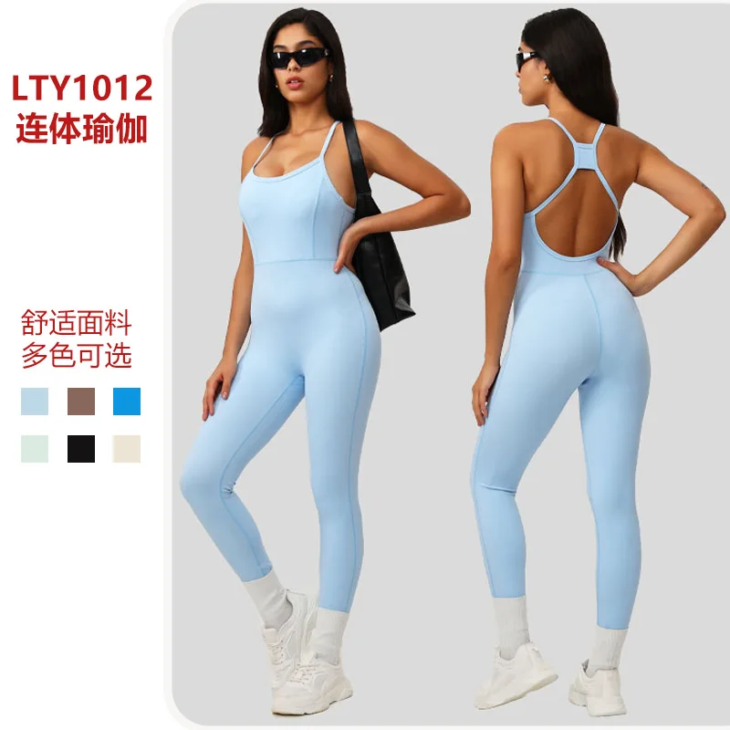 

Cross-border sewn sexy peach-buttocks yoga dress, women's high elasticity slimming fitness outdoor sports one-piece jumpsuit