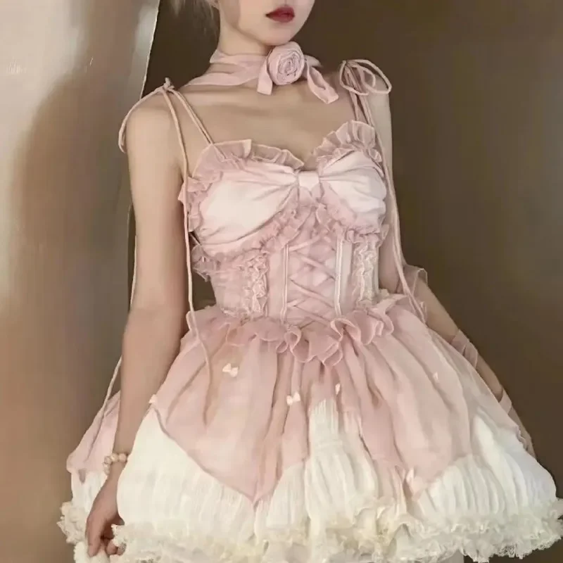 

2025 Summer Japanese Style Harajuku Y2k Slim Bandage Dress Kawaii Lolita Dress Women Vintage Sweet Lace Bow Ruffles Cake Dresses