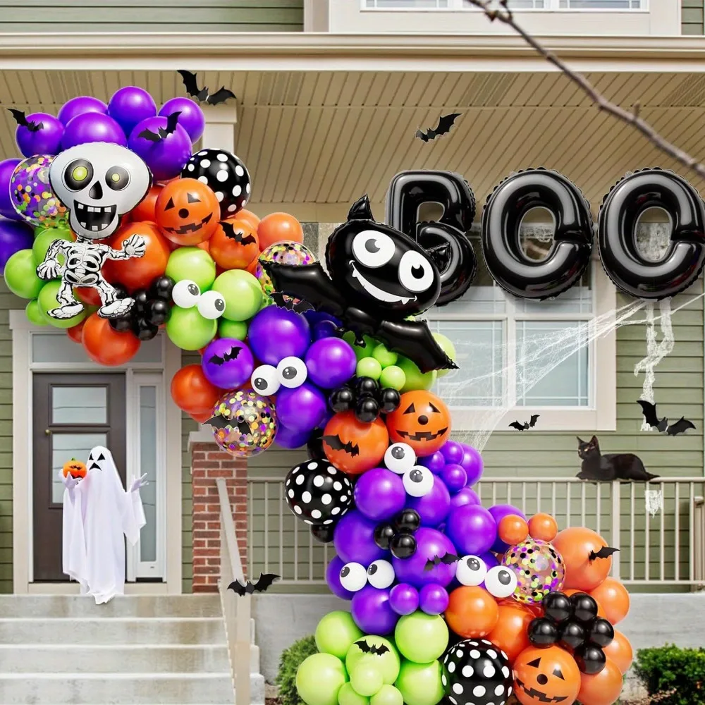 137pcs Halloween Balloon Garland Kit Bat Skeleton Aluminum Film Balloon, Halloween Thriller, Scary Atmosphere Party Scene Layout