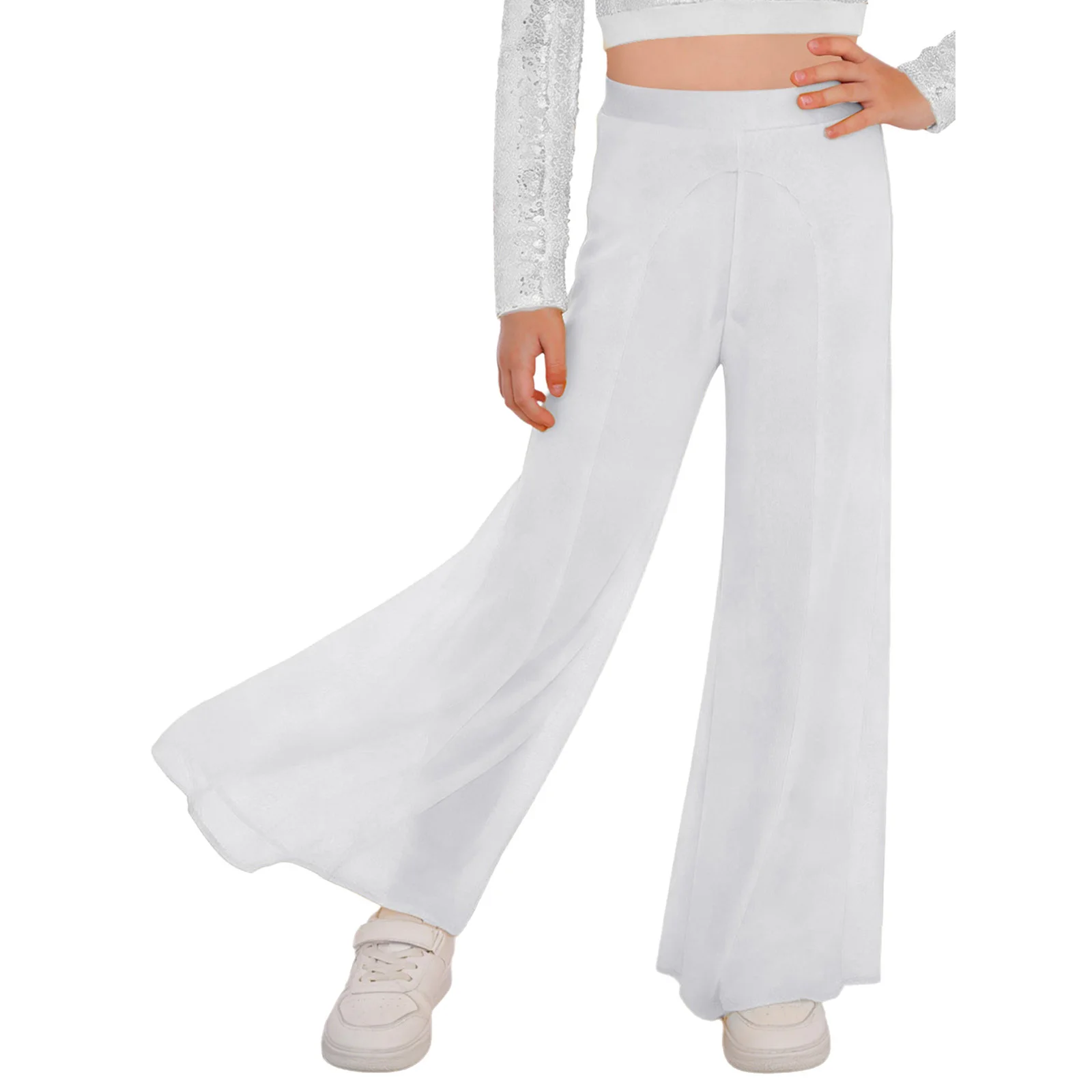 Kids Girls Lyrical Hip Hop Jazz Mesh Wide-Leg Pants Elastic Waist Built In Briefs for Stage Performance Competition Dance Wear