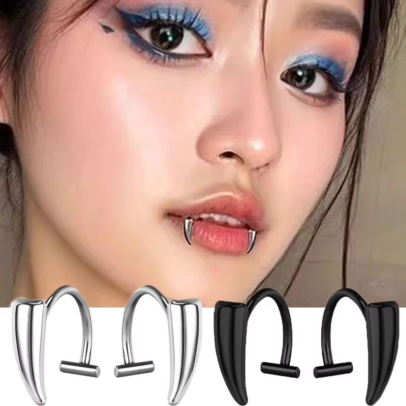 2PCS Stainless Steel Personalised Sharp Teeth Fake Piercing Lip Ring Punk Exaggerated Jewelry for Women Gothic Body Jewelry