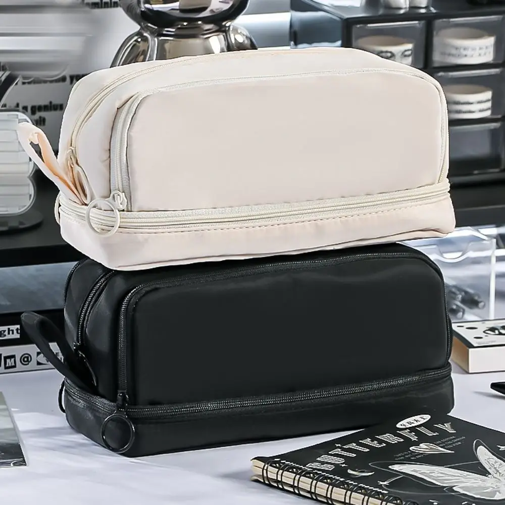 Portable Pure Color Pencil Case Multi-functional Large-capacity Pen Bag Double-layer Stationery Bag Students Gift