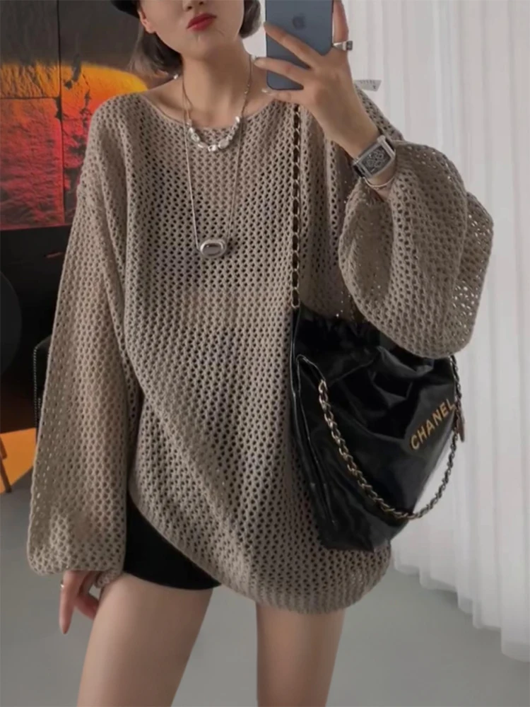 

Laid-ba Sle Hollow out Long Sve Knitted Sweater plus Size Women's Faionable Casual Commute Korean Loose Fit Woolen