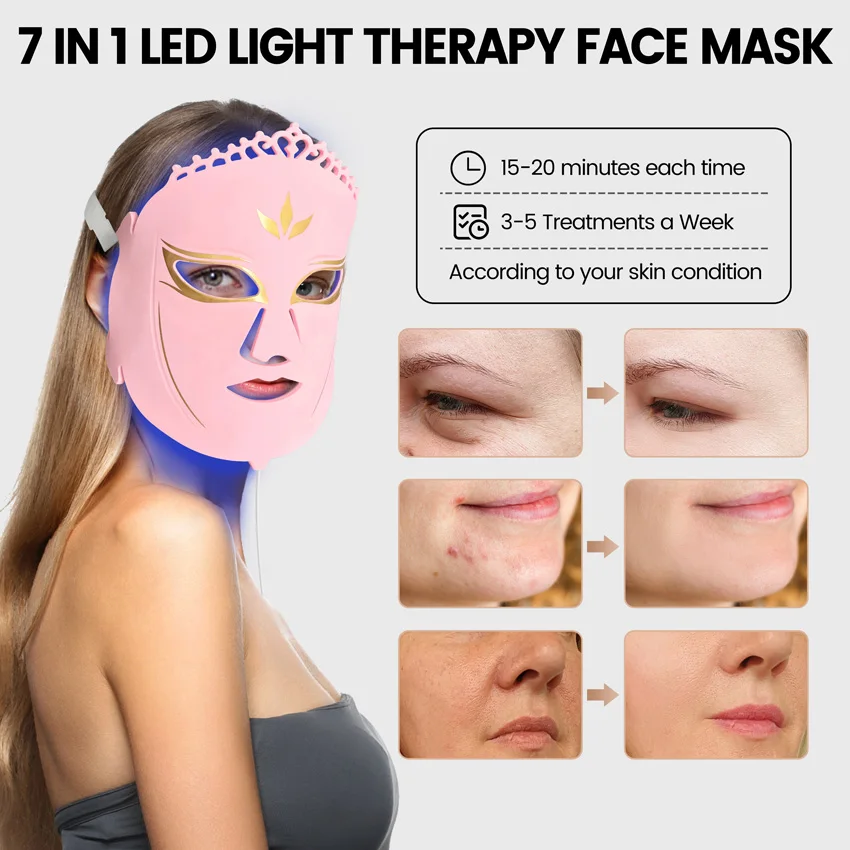 7 cores 3 em 1 leds máscara facial silicone terapia de luz vermelha máscara luz dispositivo beleza para rejuvenescimento da pele endurecimento clareamento