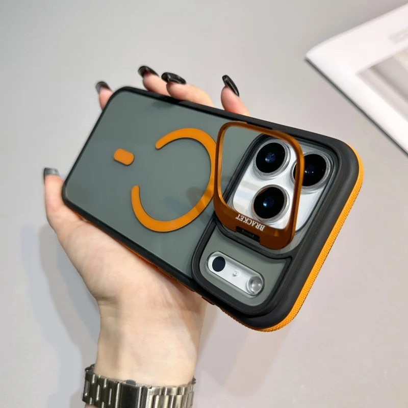 

Чехол для телефона с металлической подставкой для iPhone 17, 16, 15, 14, 13, 12, 11 Pro Max Plus, креативный двухцветный защитный чехол с объективом, беспроводной магнит