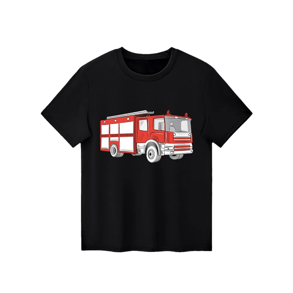 Europe and America Boys Round Neck Short Sleeve T-shirt Fire Truck Printed Summer Casual Children's Wear Girls Clothes