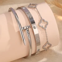 Stainless Steel Gold Plated Four-Leaf Flower Nails Stacked Bracelet Bangles Shiny Zircon Couple Jewelry Gift - Image 3