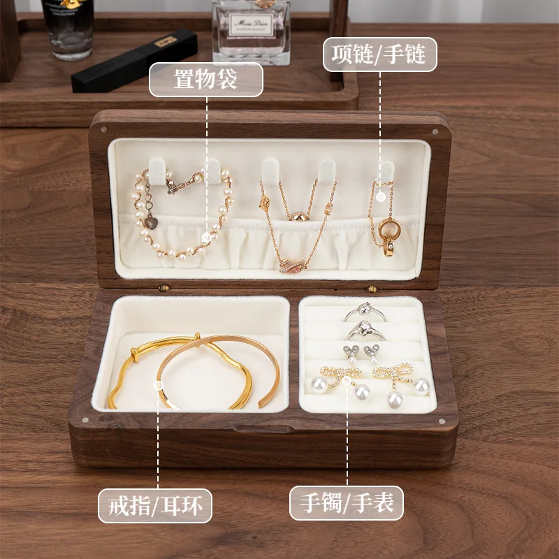 Portable Flannelette Jewelry Storage Box High-end Luxurious Black Walnut Vintage Necklace Earrings Portable Travel Pure Wood NEW