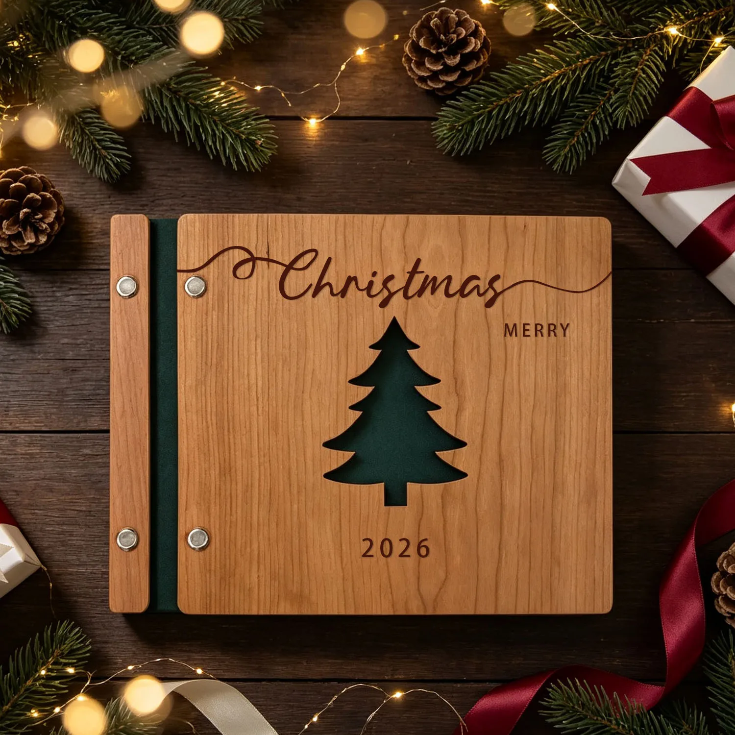 Christmas Family Photo Album Cherry Wood Cover Handmade Christmas Photo Album Holiday Scrapbook Gift For Her