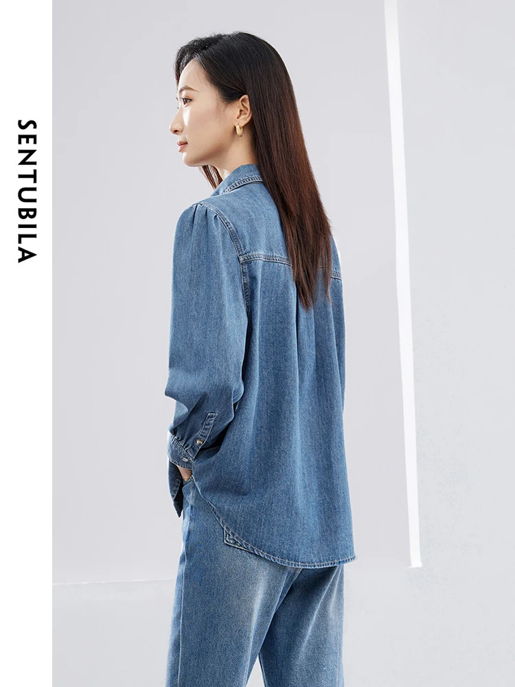 SENTUBILA Blue Denim Shirt Women 2024 Fashion Spring Vintage Long Sleeve Womens Tops Female Button Down Shirt Jacket W41C53114