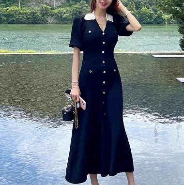 Elegant Turn-down Collar Vintage Long Sleeves Chic Patchwork Single Breasted Slim Knit Dress French Evening High Street Clothing