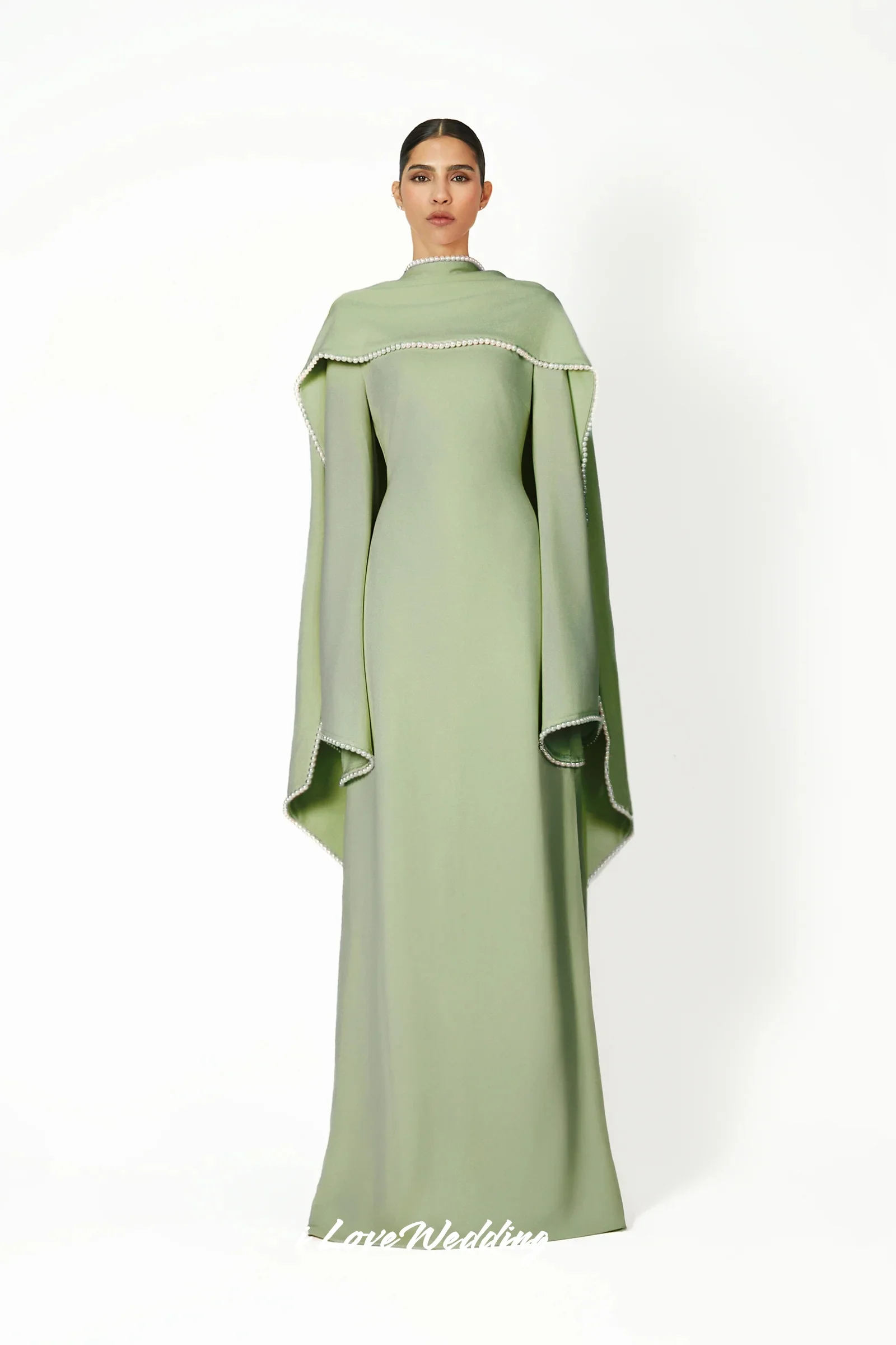 

Sage Green High Neck Evening Dresses 2025 Satin Beaded Long Sleeve Mermaid Pleated Floor-length Wedding Party Dresses Customized