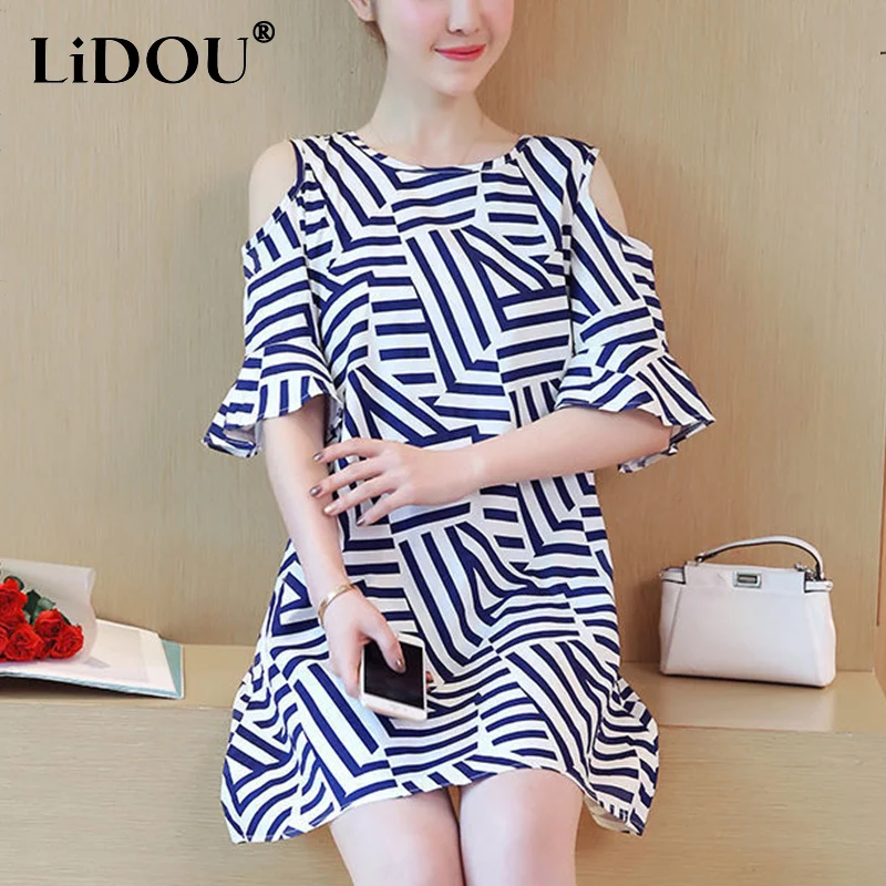 

Summer New Oversized Korean Fashion Striped Printed Short Sleeve Mini Dress Ladies Loose Casual Off the Shoulder Robe Vestido