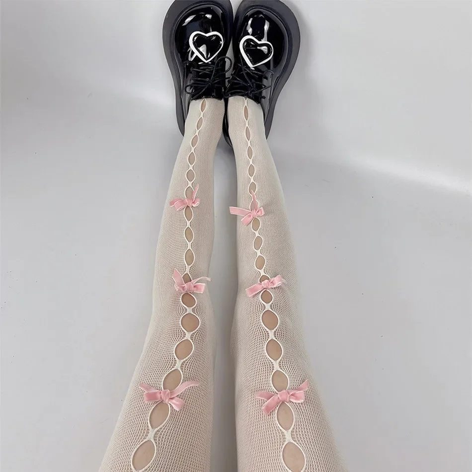 Sexy Spitze Frauen Strumpfhosen Handgemachte Bowknot Aushöhlen Mesh Fishnet Oberschenkel Hohe Strümpfe Frauen JK Lolita Süße Mädchen Enge